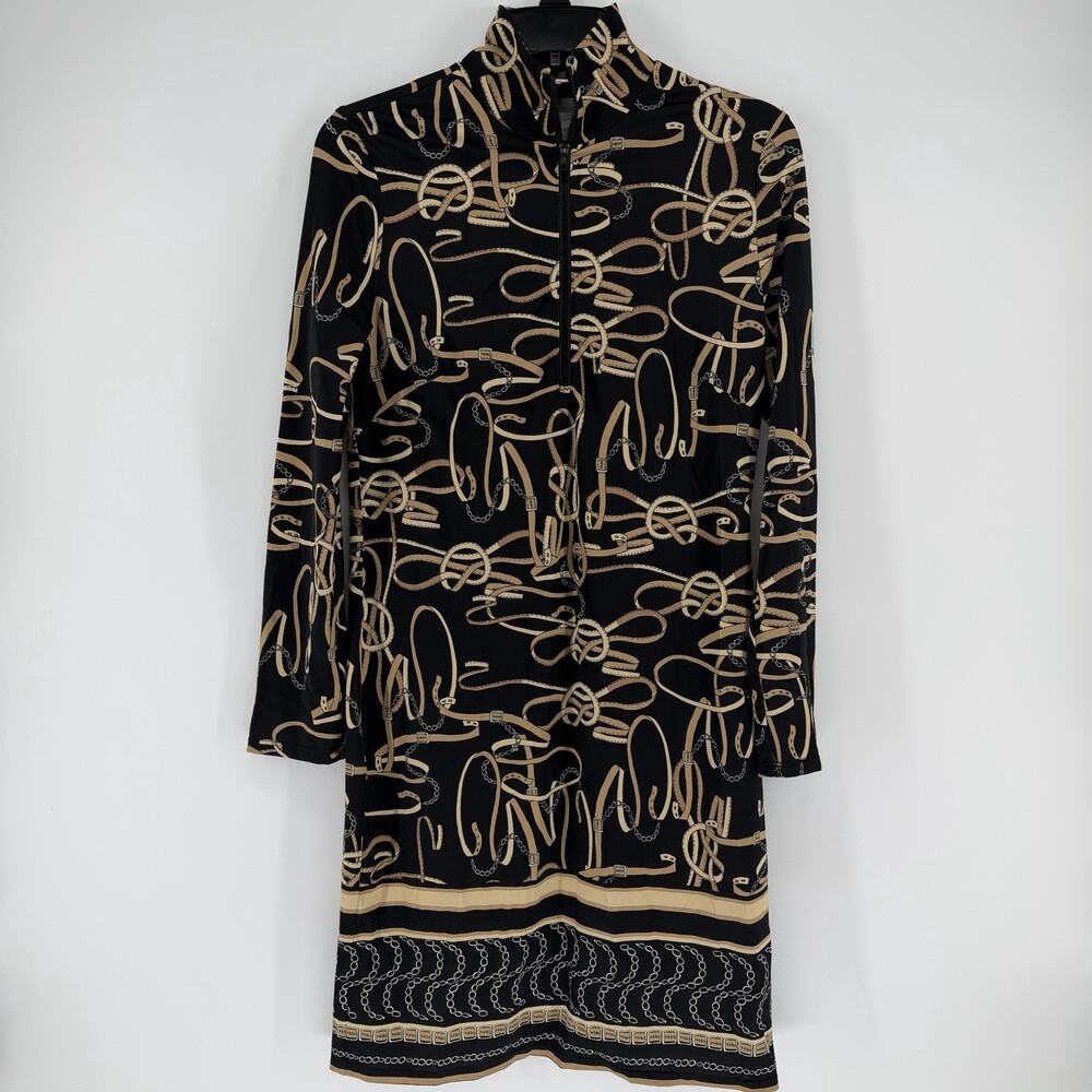 Jude Connally Womens Elodie Long Sleeve Black Gold Belt Chain Print Midi SMALL